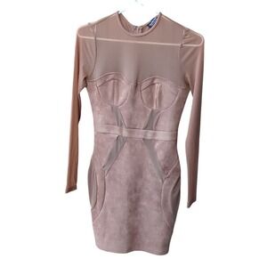 FASHION NOVA Womens Beige Long‎ Sleeve Mini Dress Bodycon Party Clubwear